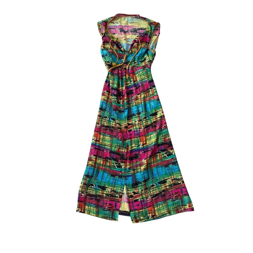 Vintage Strapless Smocked Bodice Multicolor Ikat Maxi Dress Boho Festival S/M